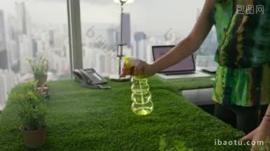生态和环境保护的概念年轻的商业妇女在<strong>办公室</strong>与<strong>桌子</strong>覆盖的草她喷水